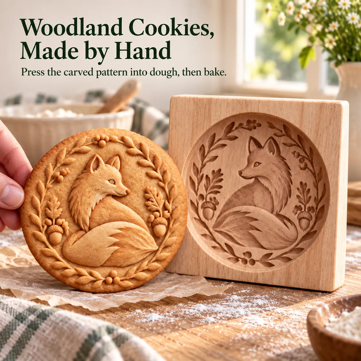 Woodland cookies made by hand, showing a fox wooden mold and matching embossed cookie Woodland cookies made by hand, showing a fox wooden mold and matching embossed cookie