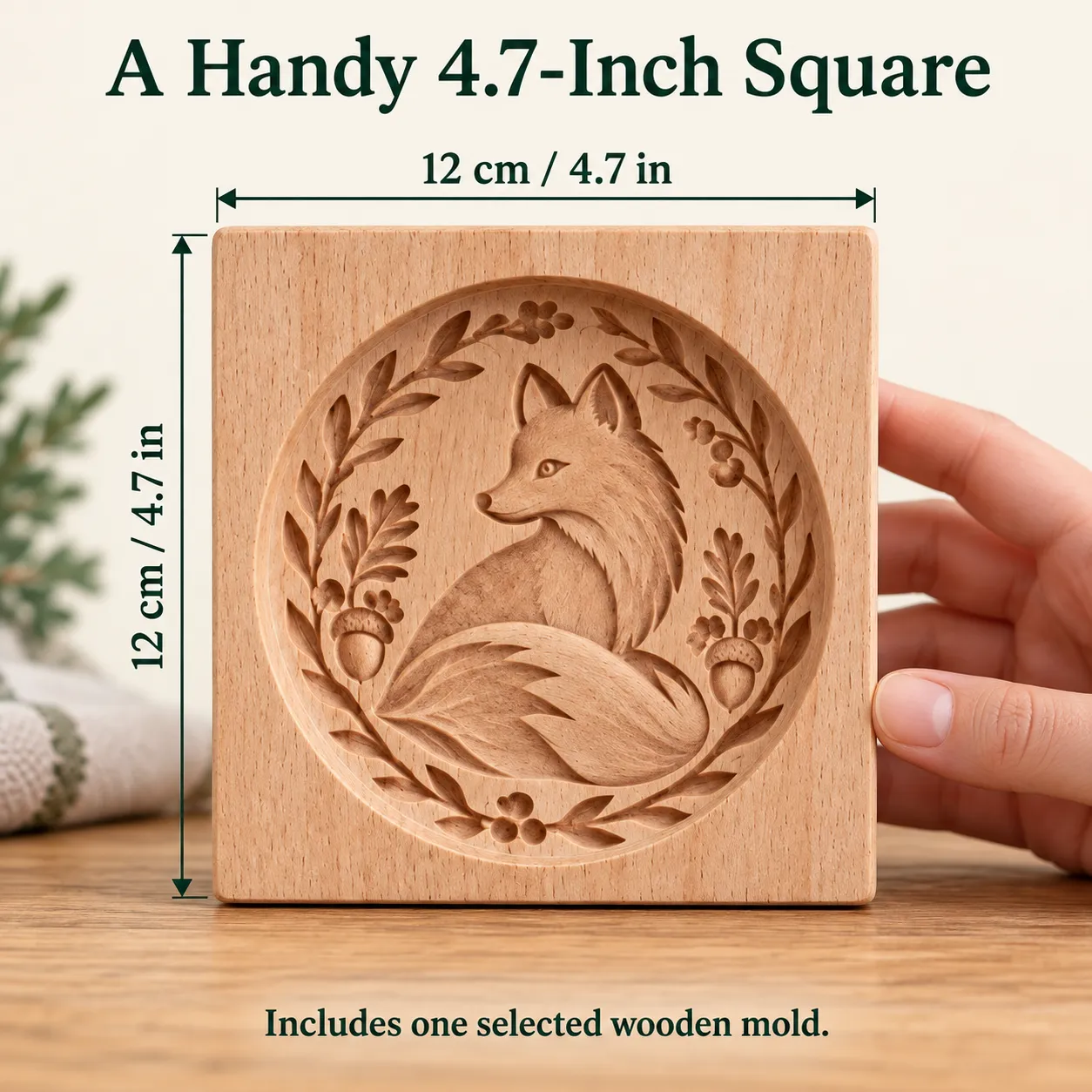 Fox wooden cookie mold dimensions, approximately 12 by 12 centimeters or 4.7 by 4.7 inches Fox wooden cookie mold dimensions, approximately 12 by 12 centimeters or 4.7 by 4.7 inches