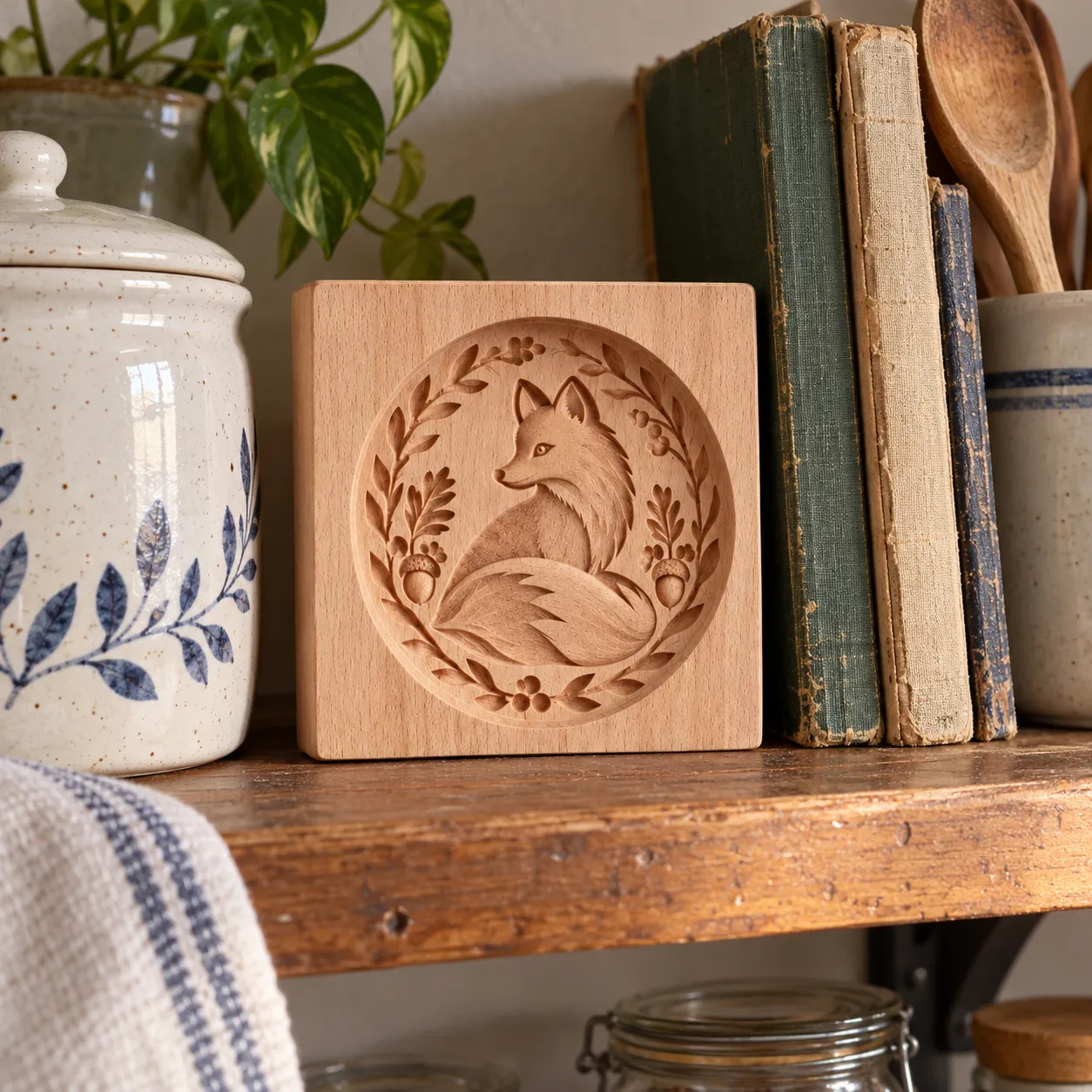 Fox wooden cookie mold displayed on a kitchen shelf beside a ceramic jar and books Fox wooden cookie mold displayed on a kitchen shelf beside a ceramic jar and books