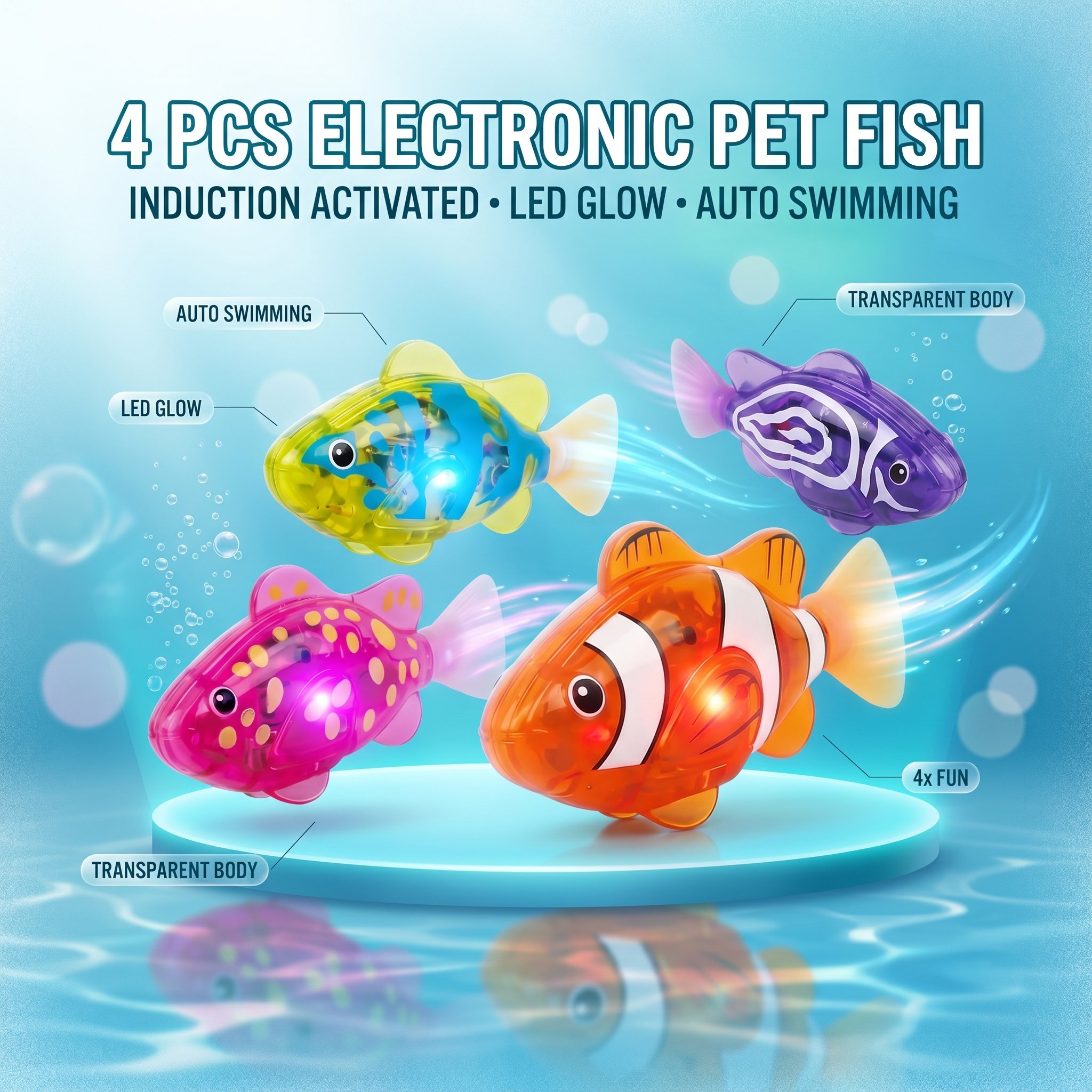 4Pcs Induction Activated | LED Light Up | Auto-Swimming Bath Toy