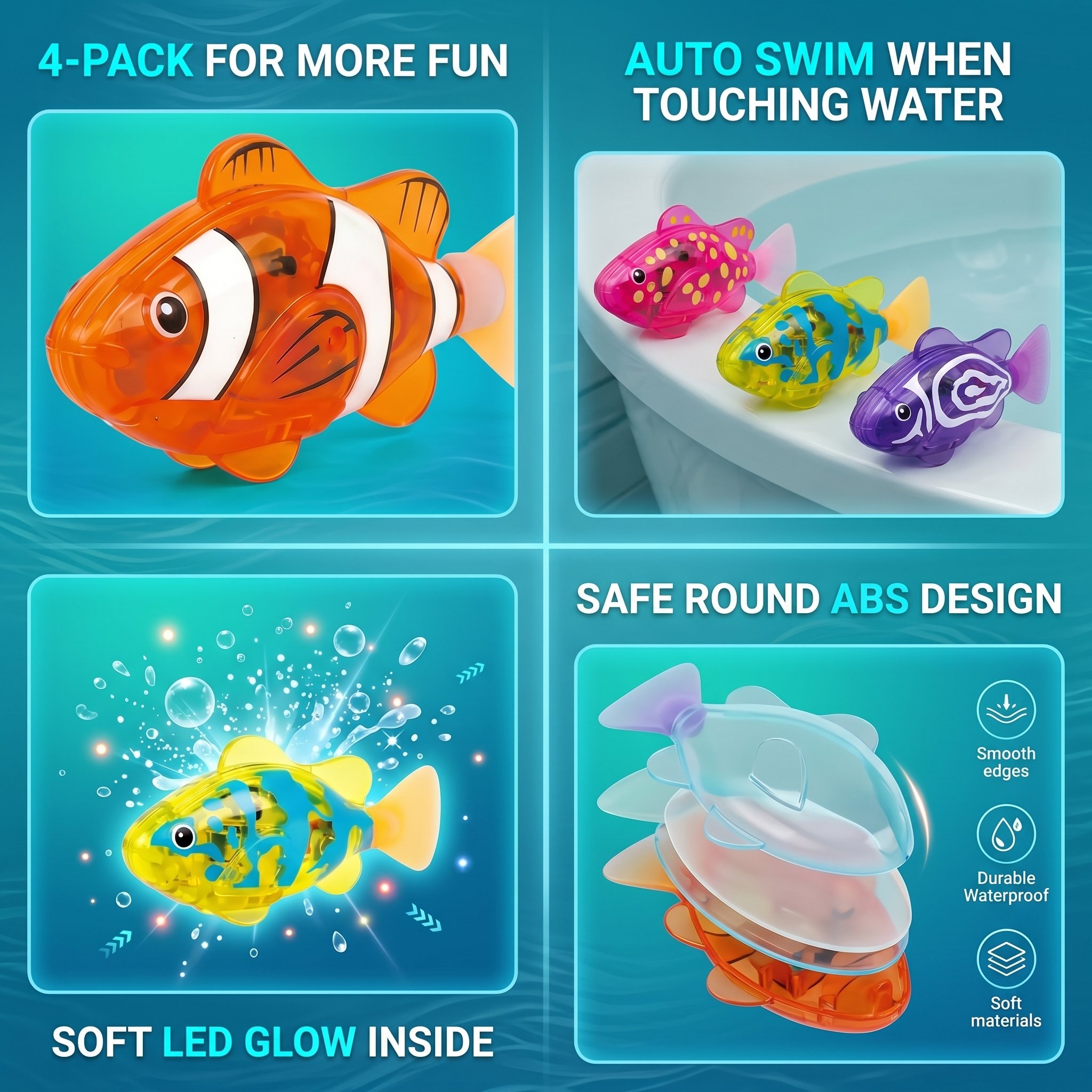 4Pcs Induction Activated | LED Light Up | Auto-Swimming Bath Toy