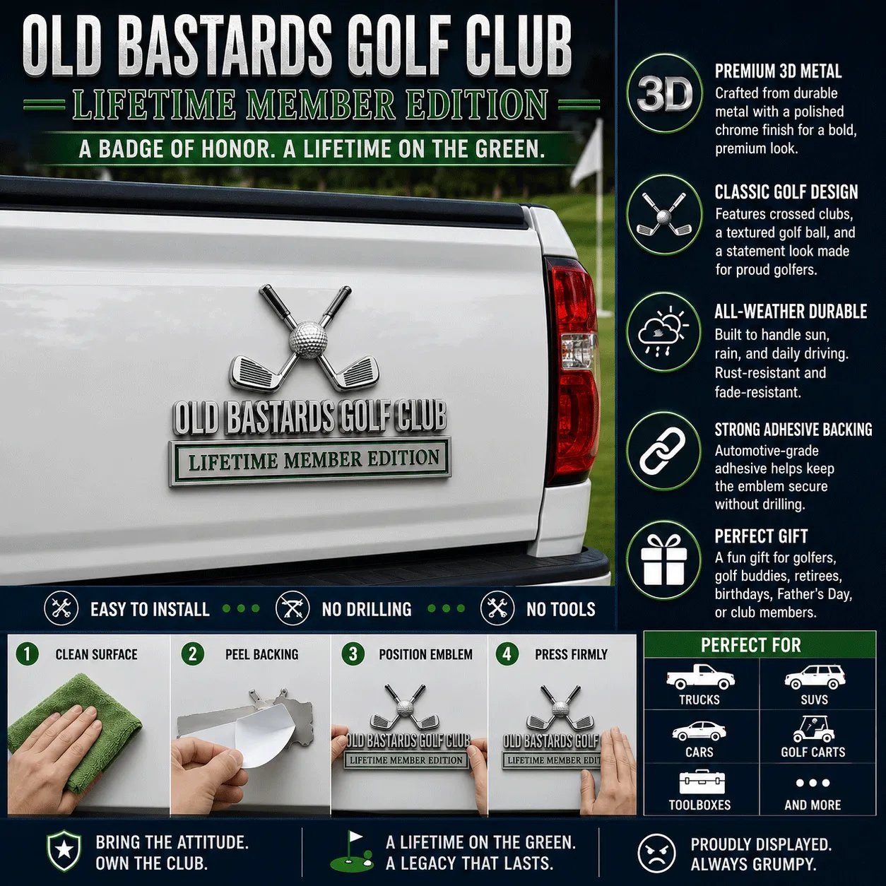 ⛳ Old Bastards Golf Club Lifetime Member Emblem – Premium 3D Metal Car Badge For Golf Legends