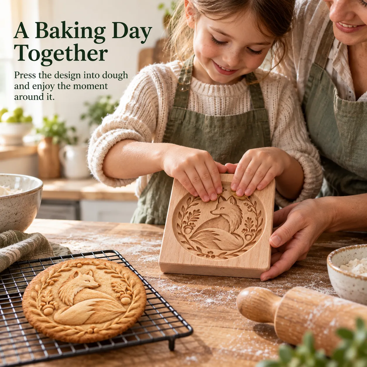 Parent and child making embossed fox cookies together in a kitchen Parent and child making embossed fox cookies together in a kitchen