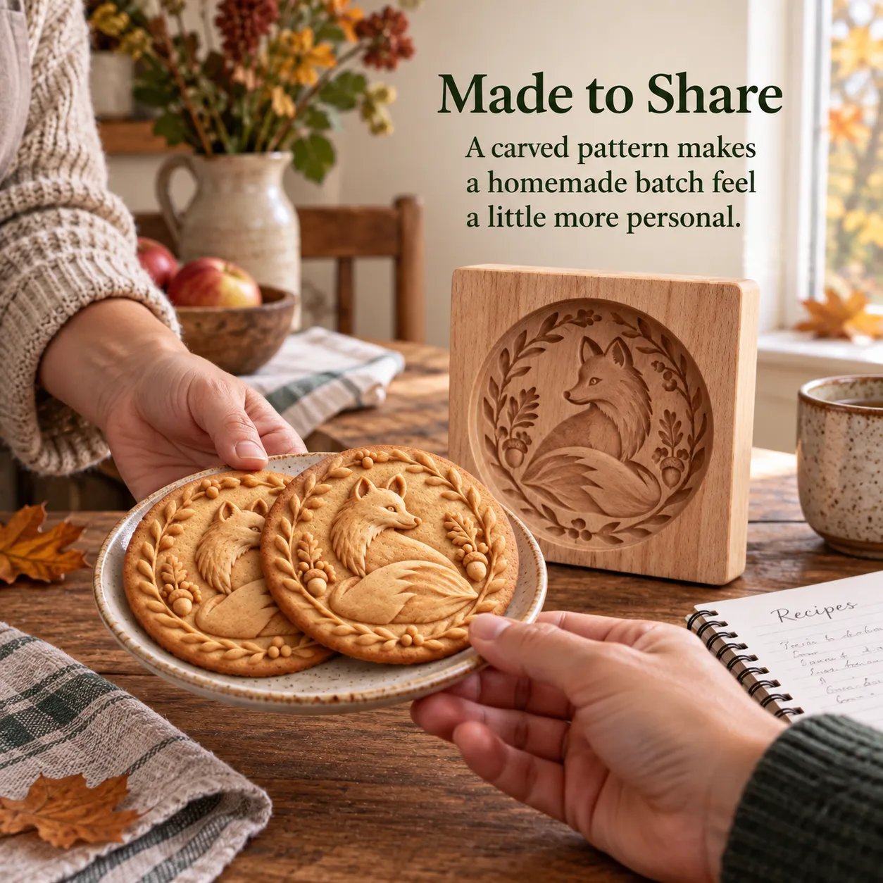 Sharing a plate of embossed fox cookies in a cozy kitchen Sharing a plate of embossed fox cookies in a cozy kitchen