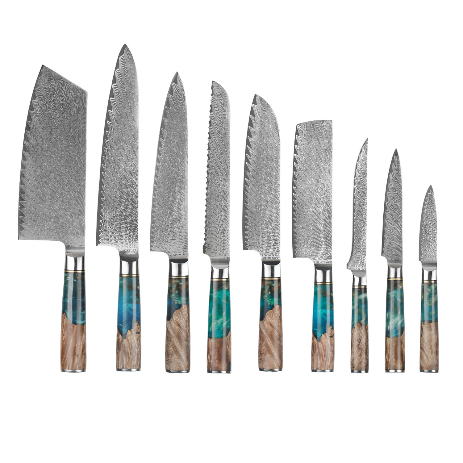 Resin 9 Piece Knife Set in Green displayed, showcasing its exquisite green Resin Wooden Handles and high-quality VG-10 Japanese high carbon stainless steel blades.