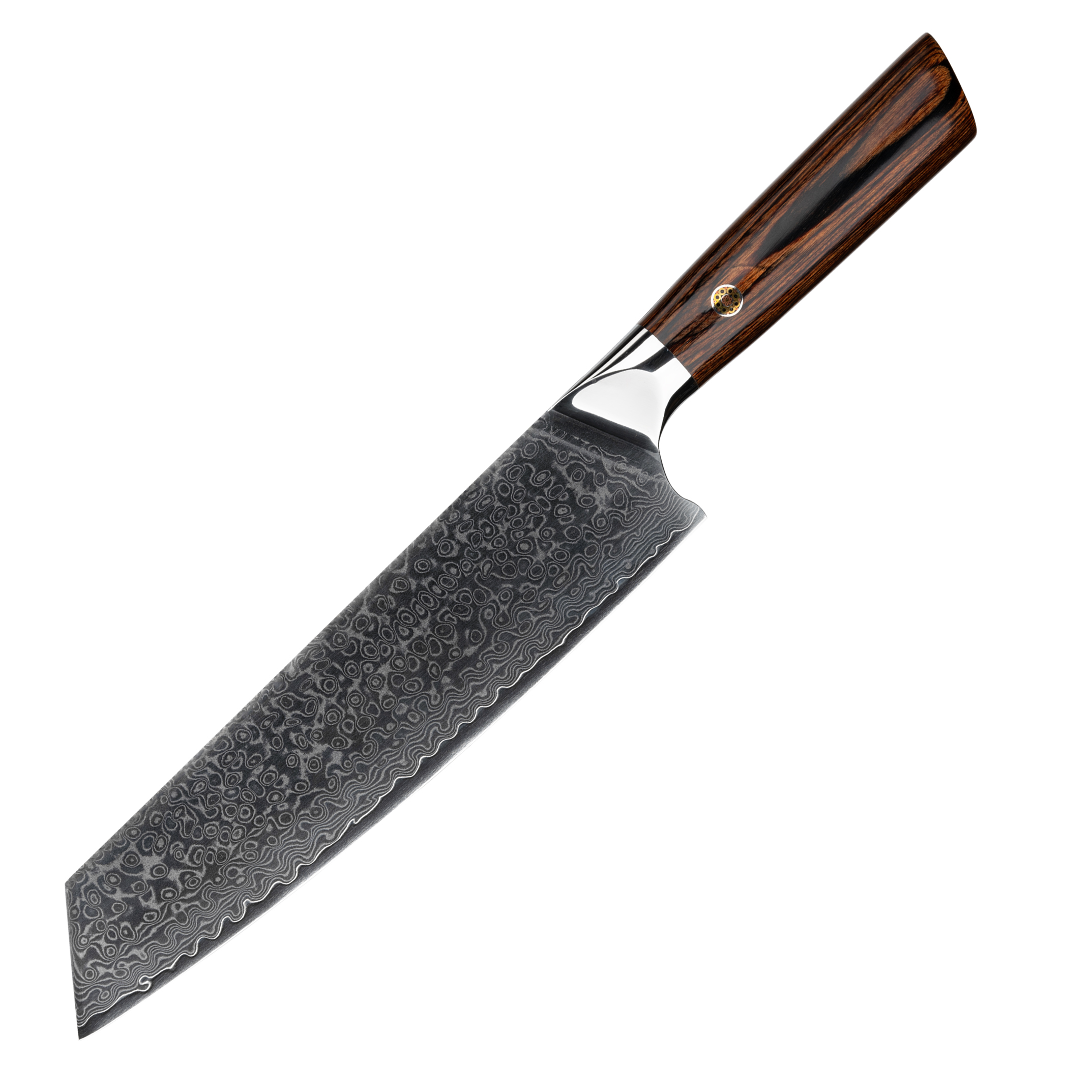 Jourmet 8-inch Kirisuke Knife displayed on a white background, emphasizing its sleek Damascus blade and elegant deep wood handle.