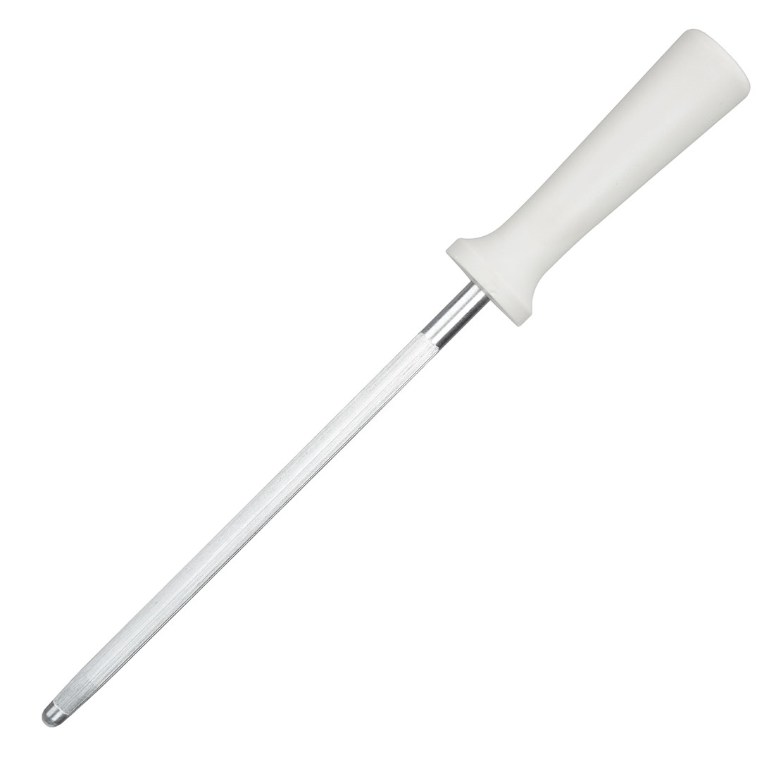 Jourmet 8.5-inch Honing Tool on a white background, showcasing its sleek design with a high carbon stainless steel rod and white triple-rivet handle.