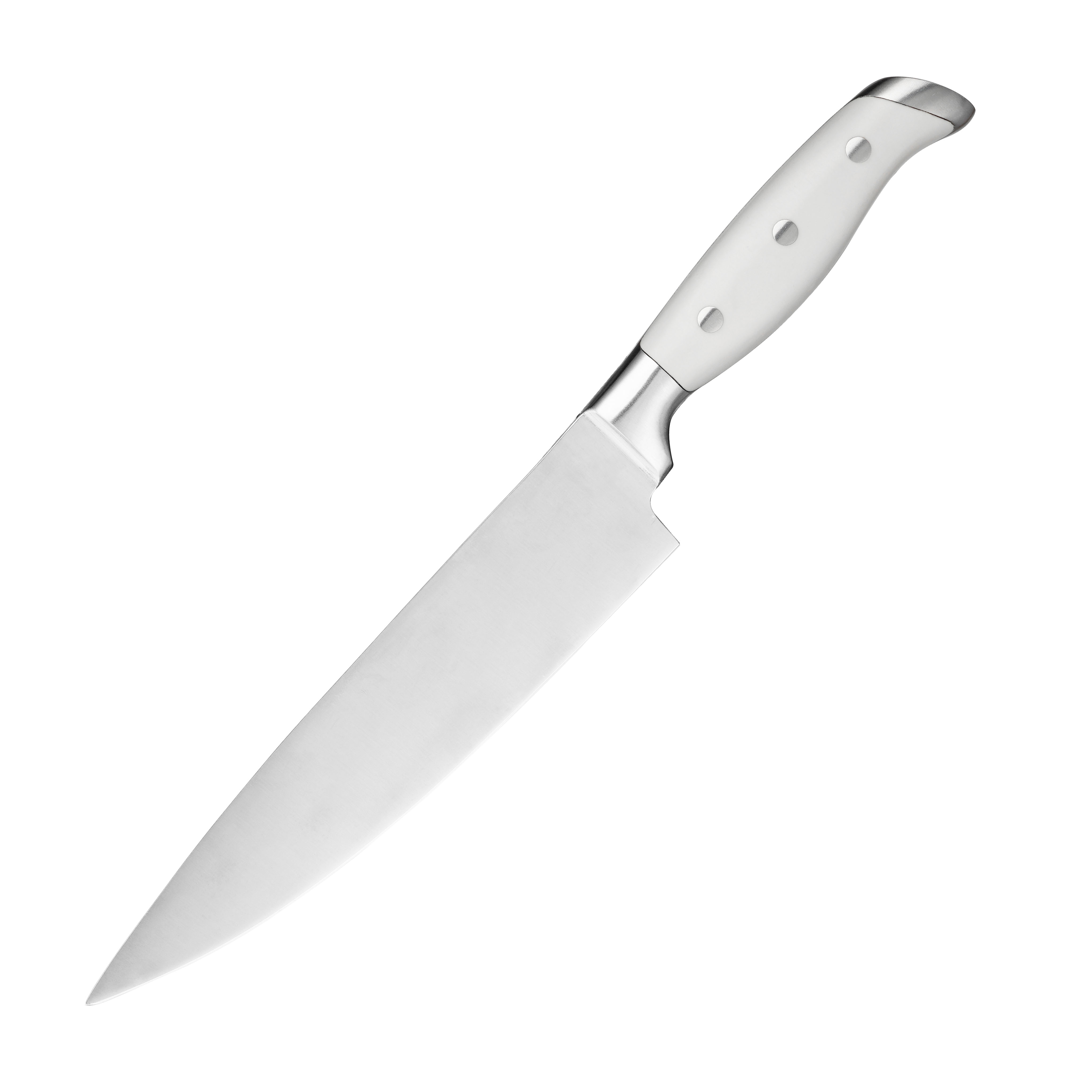 Jourmet 8-inch Chef Knife featuring a high carbon stainless steel blade and white triple-rivet handle, ideal for various culinary tasks.