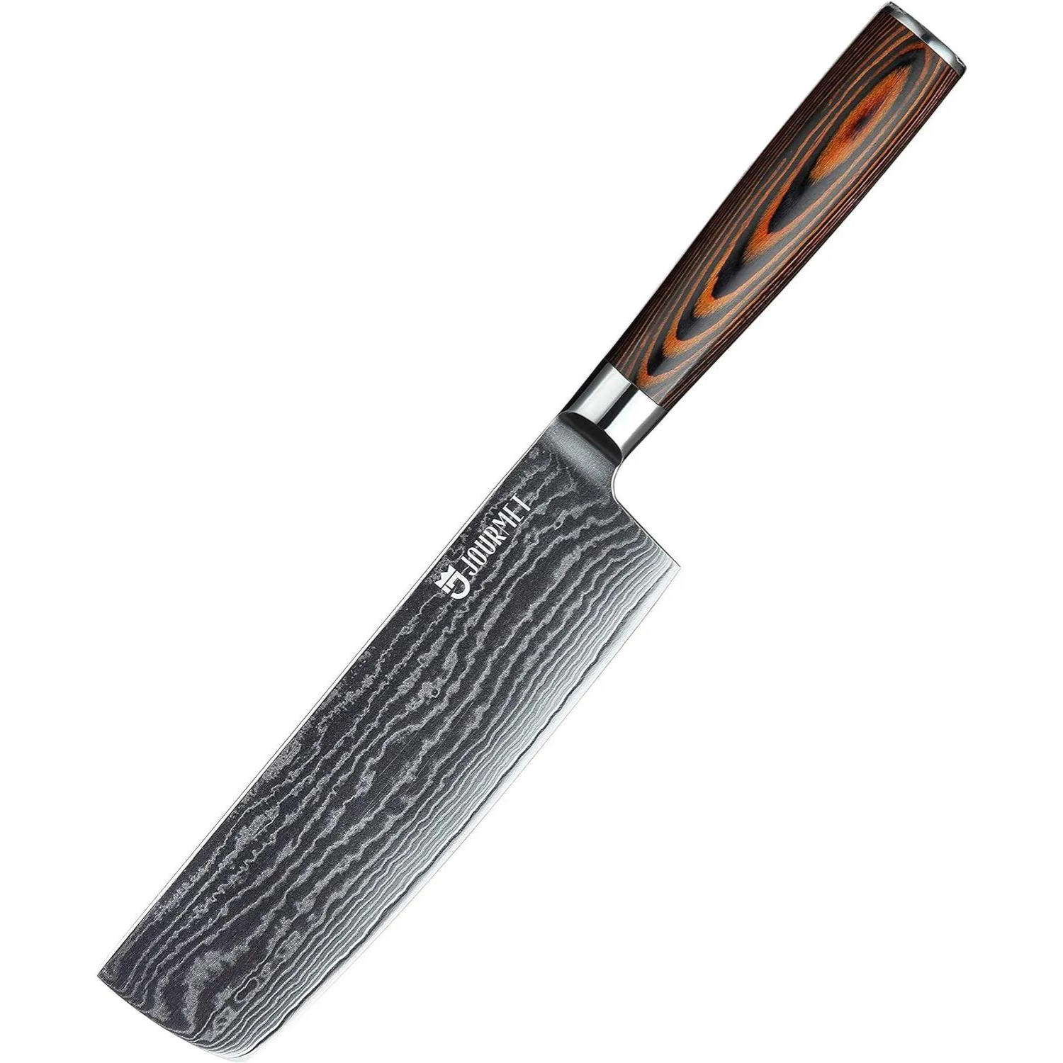 Jourmet 7-inch Damascus Nakiri Knife on a white background, highlighting its sleek design and multi-functional blade.