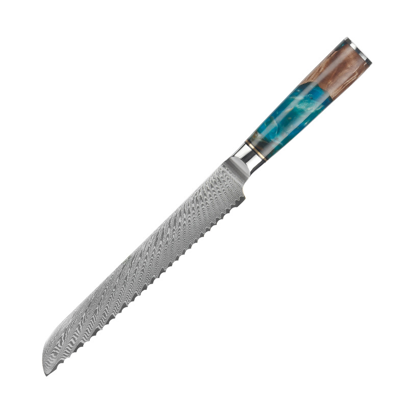 Resin 8" Damascus Bread Knife (Blue & Green)