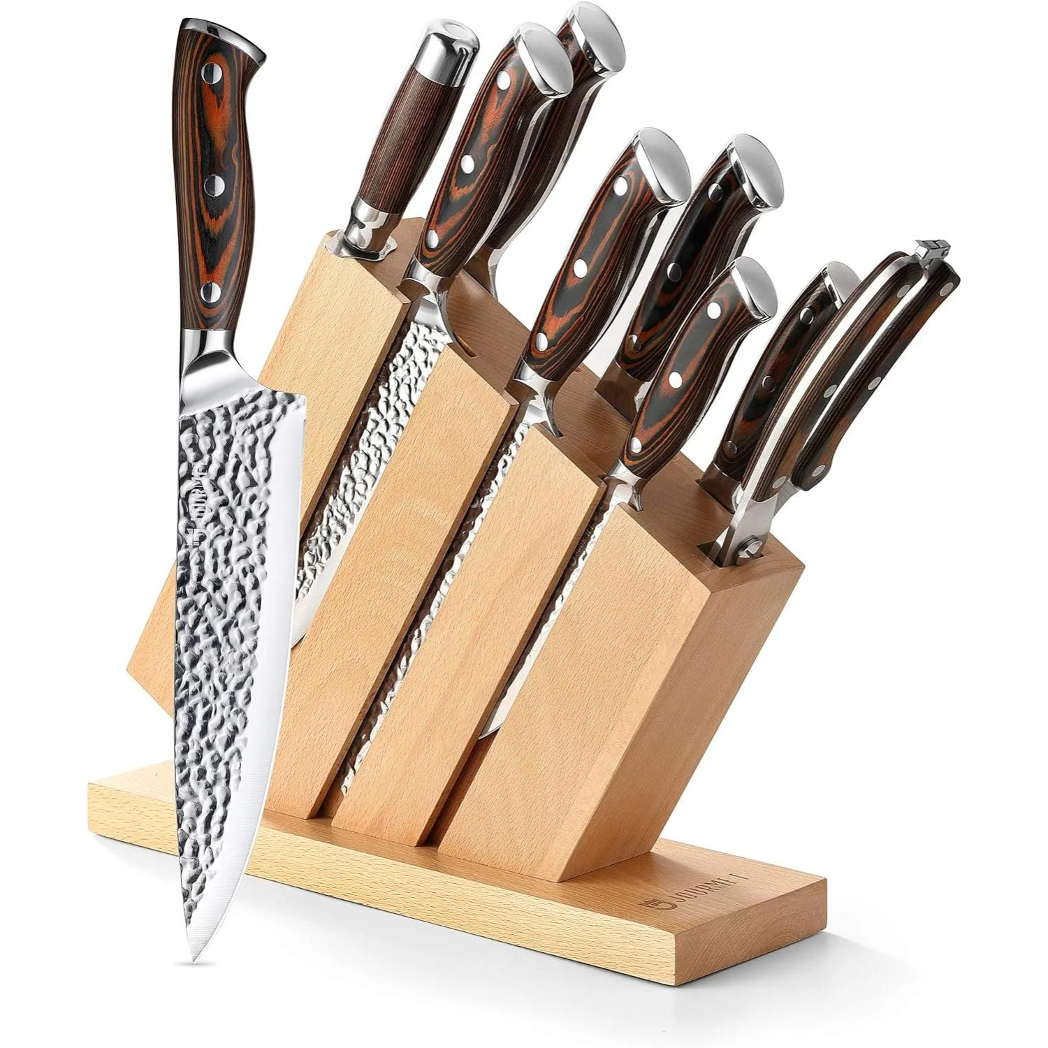 Joumet 9-Piece Kitchen Knife Set with Block on white background, showcasing the elegance and design of each knife