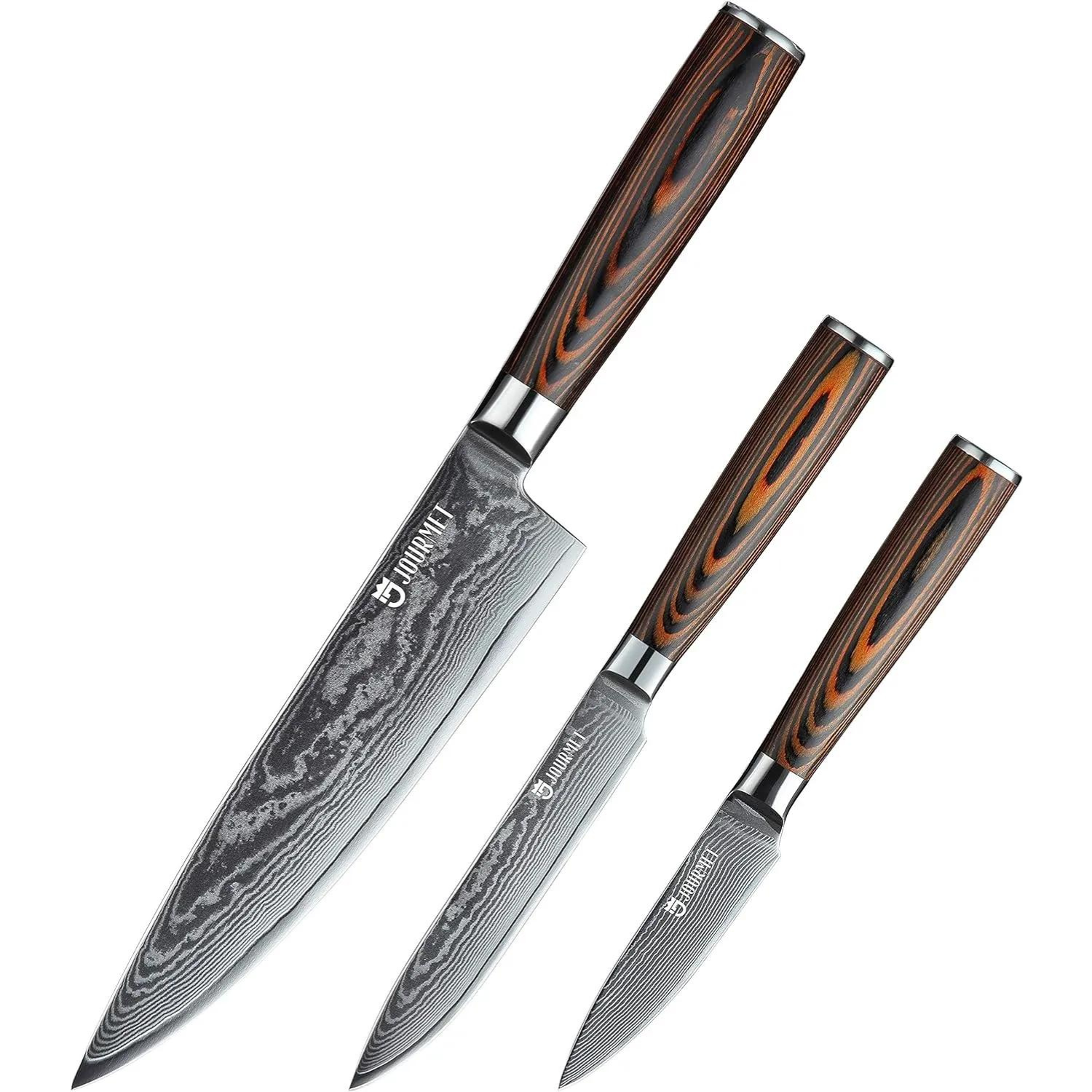 Jourmet 3-Piece Damascus Knife Set displayed on a white background, showcasing the complete set with 8-inch Chef Knife, 5-inch Utility Knife, and 3.5-inch Paring Knife