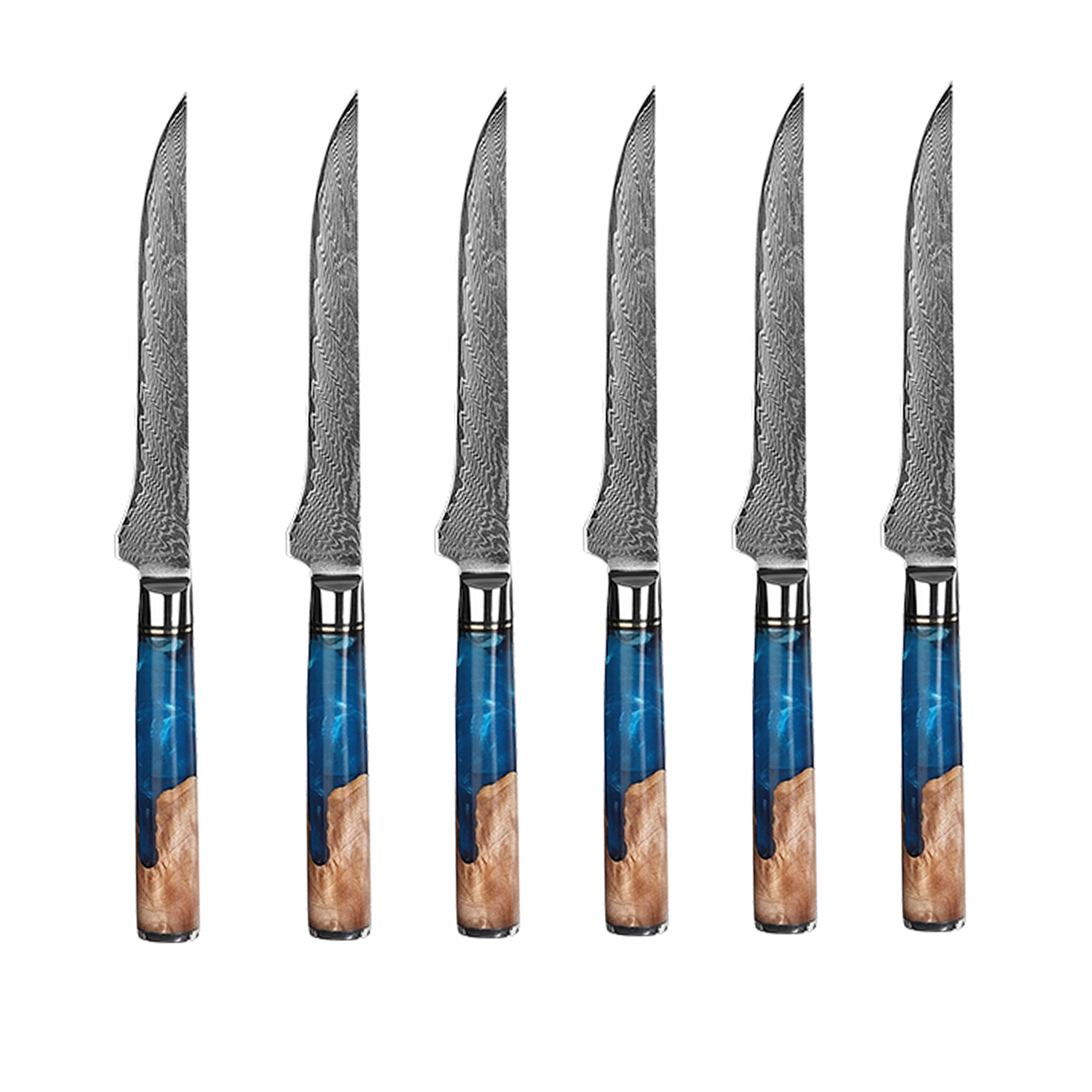 Resin 6 Piece Damascus Steak Knife Set in Blue & Green displayed, showcasing its exquisite Resin Wooden Handles in captivating blue and green colors.