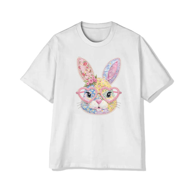 Easter Glasses Bunny Garden Flowers Print Pattern Cotton Print T-shirt - White - US16-18(2XL) - image 3