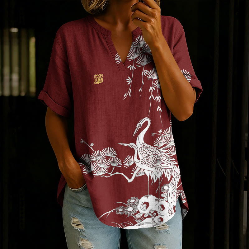 Japanese Pine Trees And Cranes Woodblock Pattern Print Short Sleeve Casual Blouse - Red - 5XL - image 3