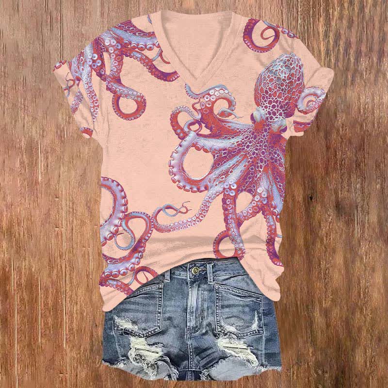 Japanese Vintage Vivid Octopus Art Print V-neck T-shirt - Pink - US32-34(5XL) - image 3