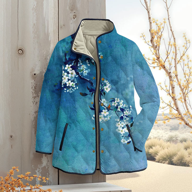 Japanese Antique Pear Blossom Ink Painting Print Outerwear Jackets - Dark Blue - 4XL - image 4