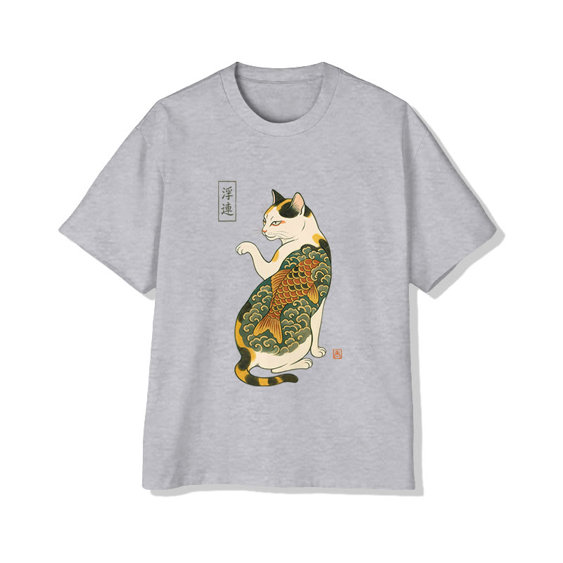 Unisex Japanese Koi Tattoo Maneki-neko Print Short Sleeved Crew Neck T-shirt - Grey - 2XL - image 3