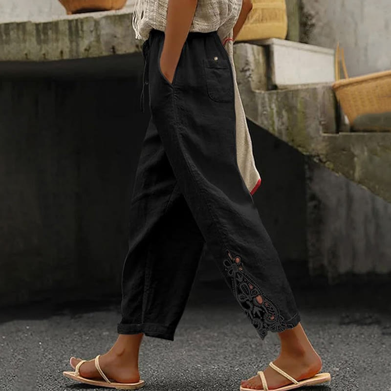 Elegant Solid Lace-trimmed Cuffs Pocket Loose-fitting Drawstrings Pants - Black - 2XL - image 7