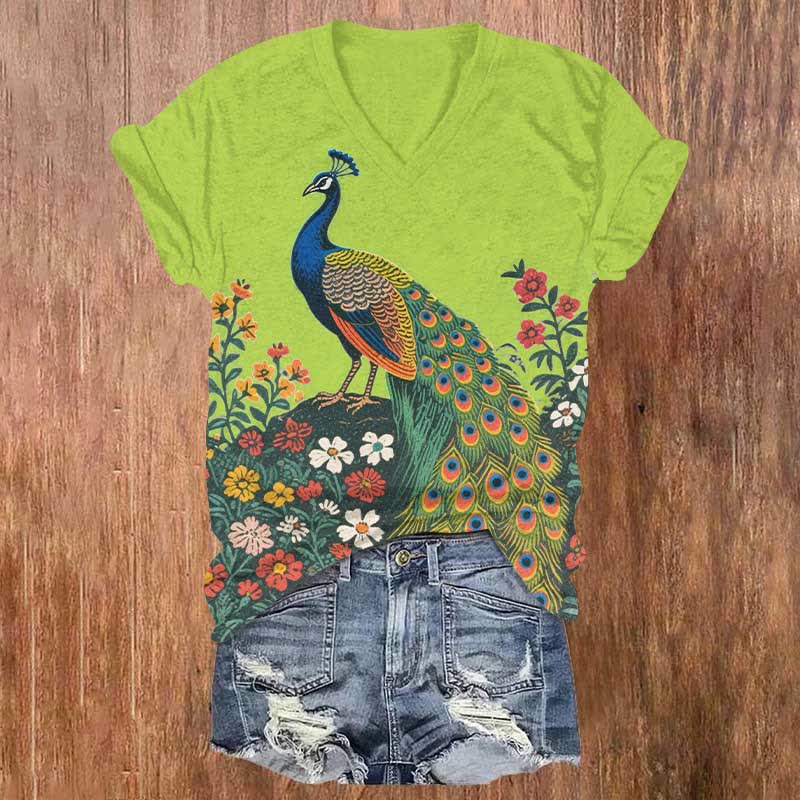 Peacock And Flowers Art Print V-neck T-shirt - Green - US32-34(5XL) - image 3