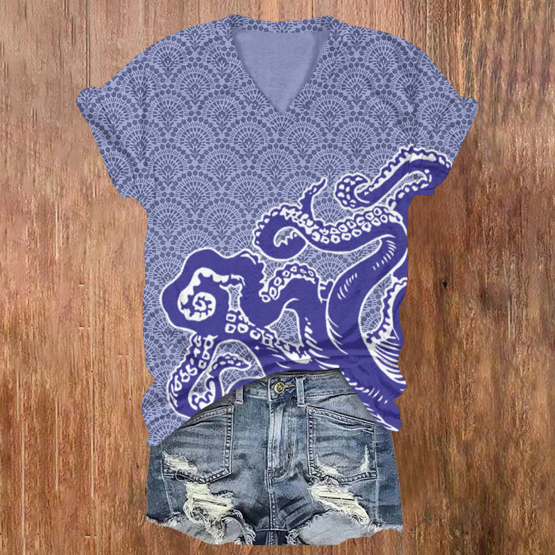 Unisex Ocean Fantasy Octopus Tentacles Pattern Print Short Sleeved V-neck T-shirt - Light Purple - US32-34(5XL) - image 6