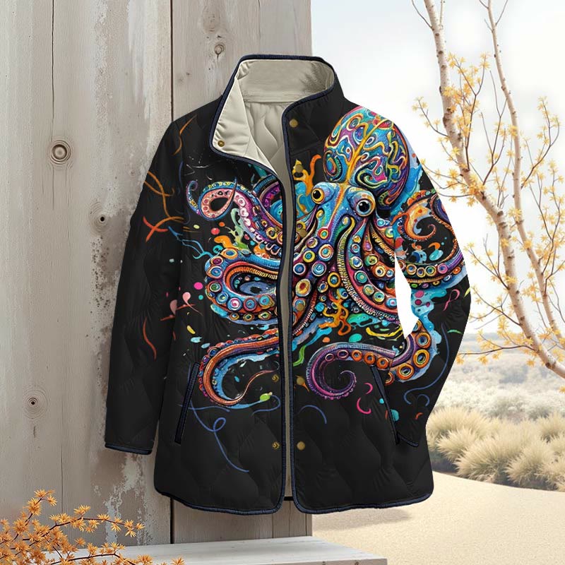 Vintage Rainbow Octopus Art Print Outerwear Jackets - Black - 4XL - image 6