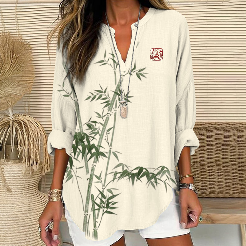 Vintage Green Bamboo Art Print V Neck Long Sleeve Blouse - Apricot - 8XL - image 1