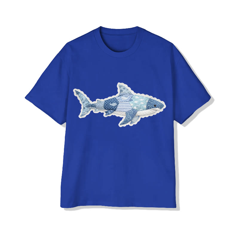 Ocean Shark Art Lace pattern Print Pattern Cotton Print T-Shirt - Royal Blue - US16-18(2XL) - image 12