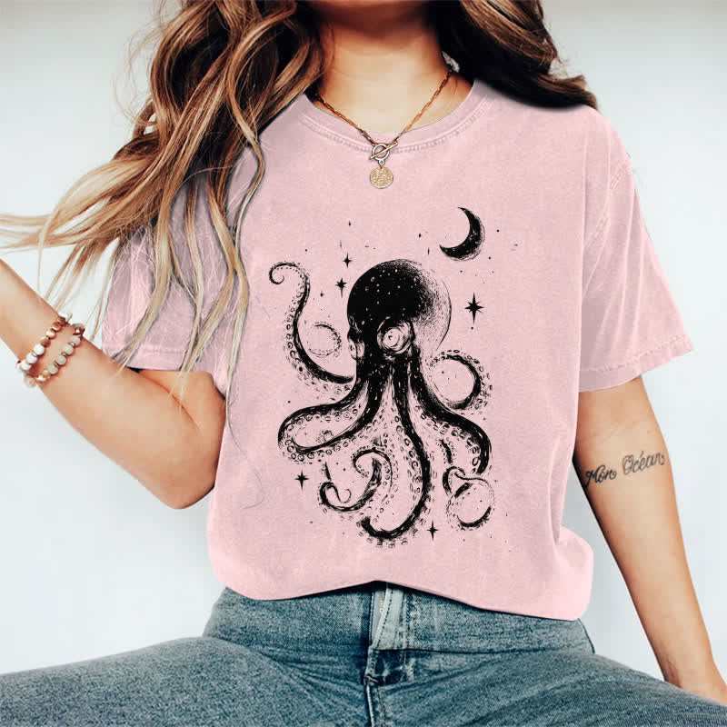 100% Cotton Japanese Watercolor Star & Moon Octopus Art T-shirt - Pink - 2XL - image 13