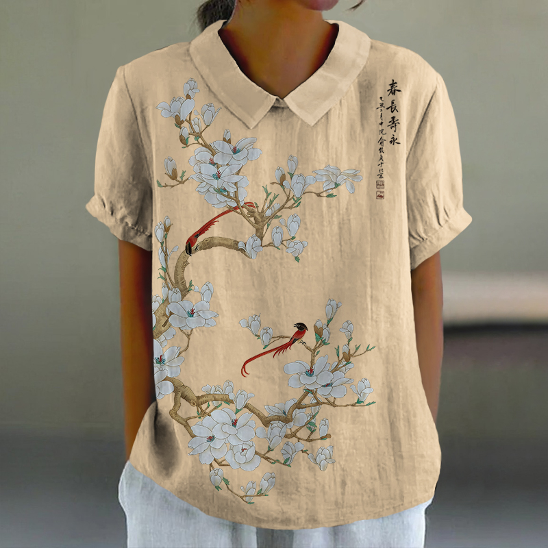 Japanese Floral Art Print Casual Lapel Loose Blouse - Apricot - 6XL - image 1