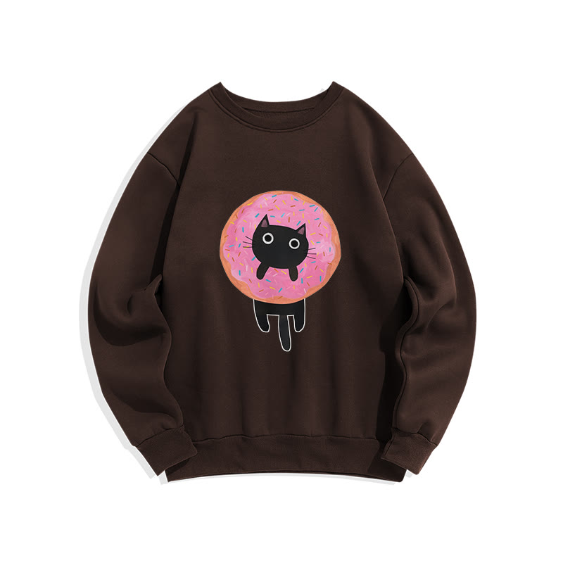 Funny Donut Cat Print Crew Neck Sweatshirt - Coffee - US16-18(2XL) - image 5