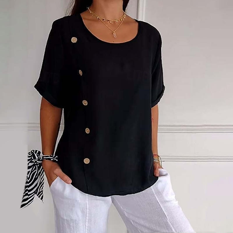 Elegant Solid Asymmetrical Buttons Half-sleeves Round-neck Blouse - Black - 5XL - image 3
