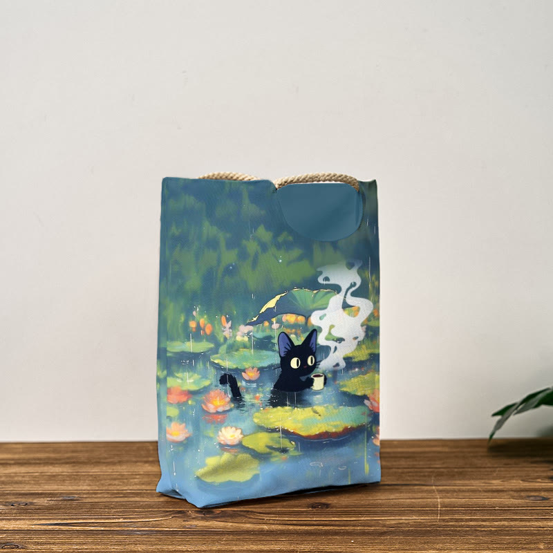 Interesting Cat Drinking Water In Lotus Pond Print Woven Handbag - image 4