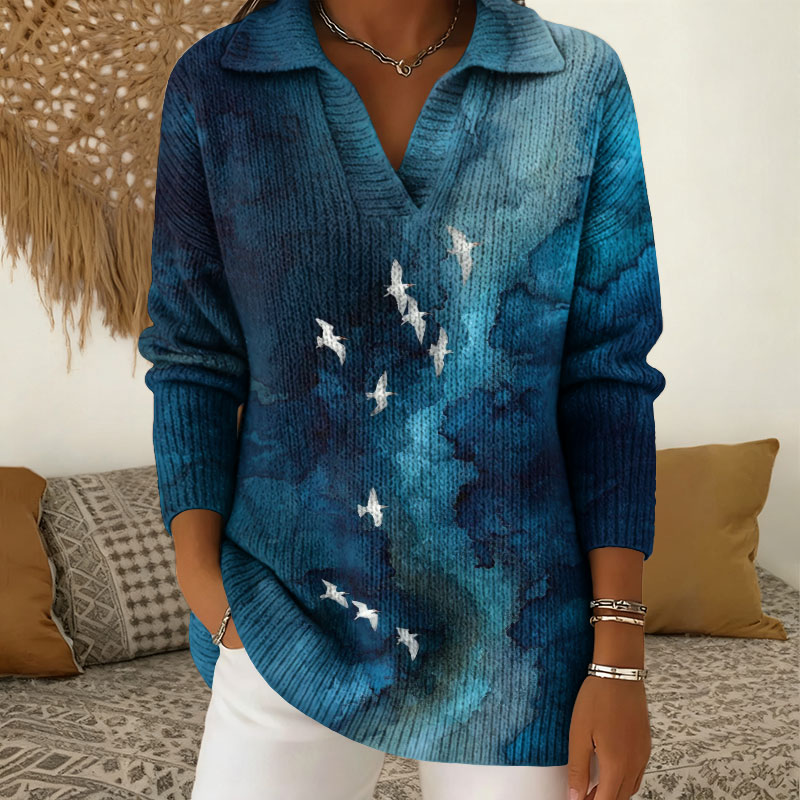 Gradient Watercolor Ocean Crane Pattern Polo Collar Long Sleeved Sweater - Dark Blue - 5XL - image 2