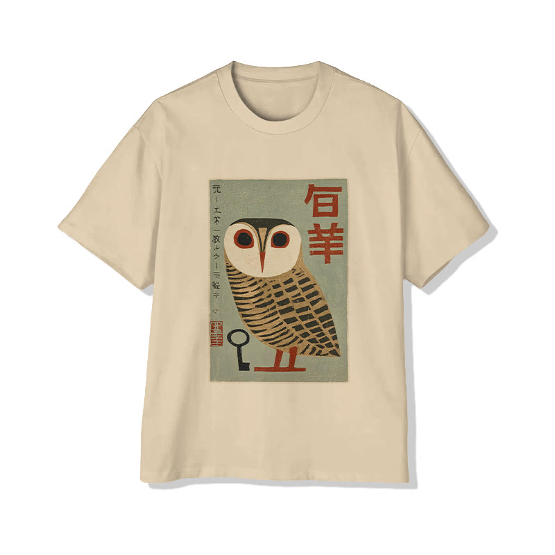 Unisex Japanese Art Owl Print Short Sleeved Crew Neck T-shirt - Apricot - 2XL - image 4