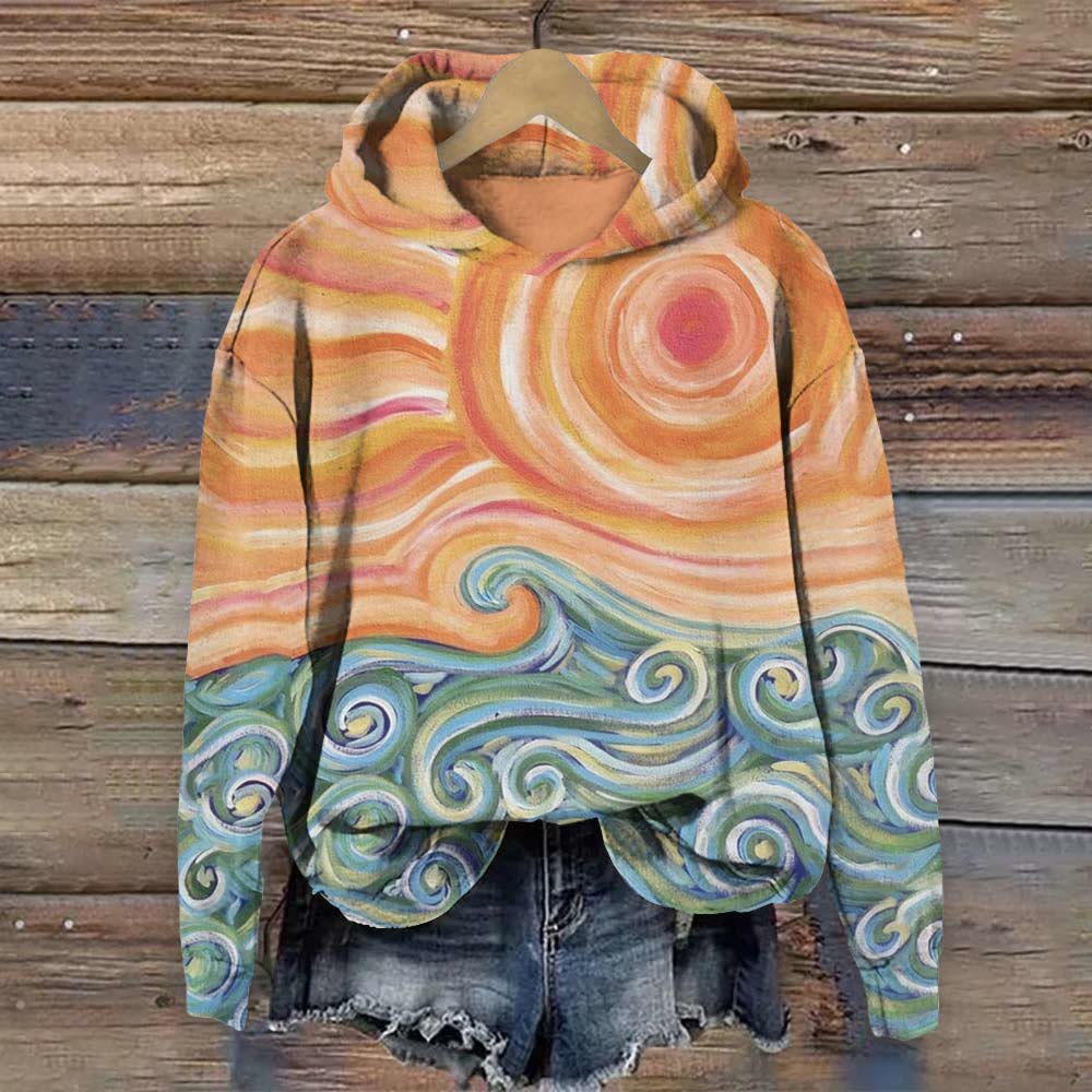 Vintage Oil Painting Sun Wave Print Hoodie