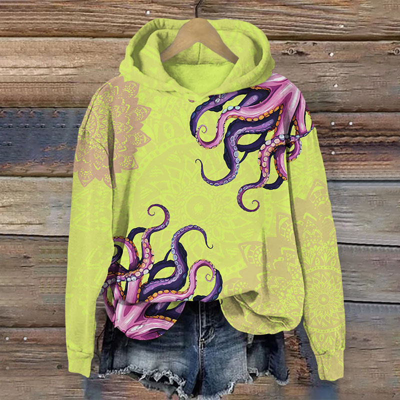 Vintage Flower & Octopus Art Print Long Sleeve Hoodie - Yellow - US44-46(8XL) - image 4