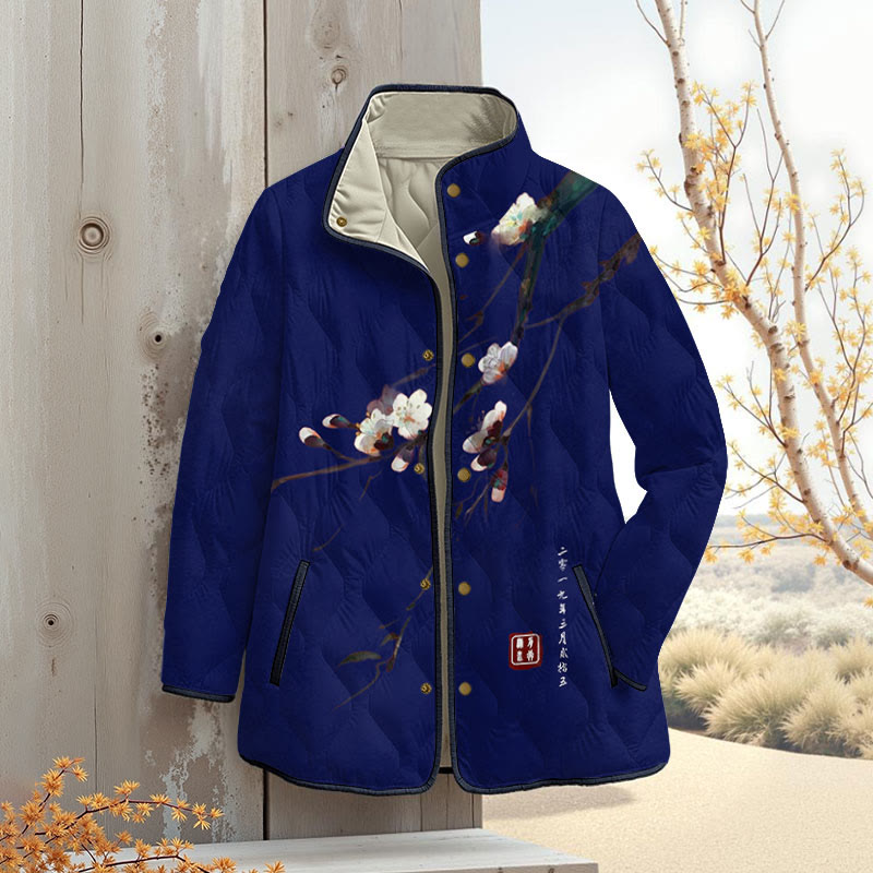 Vintage Plum Blossom Art Print Outerwear Jackets - Navy Blue - 4XL - image 6