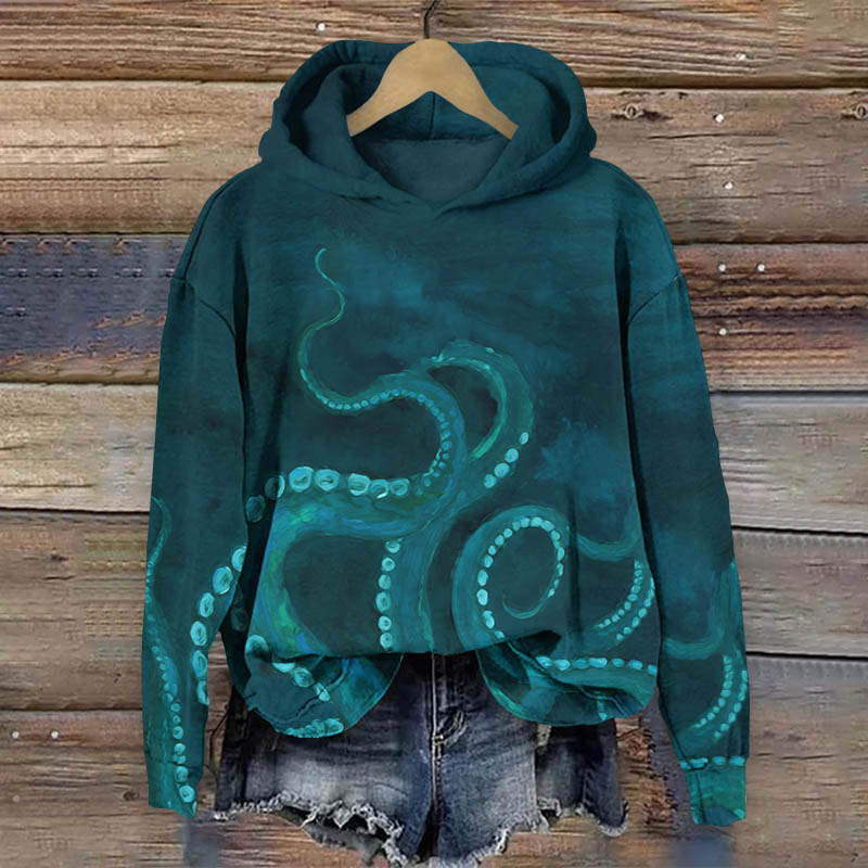 Creative Watercolor Octopus Tentacles Art Print Long Sleeve Hoodie - Green - US44-46(8XL) - image 3