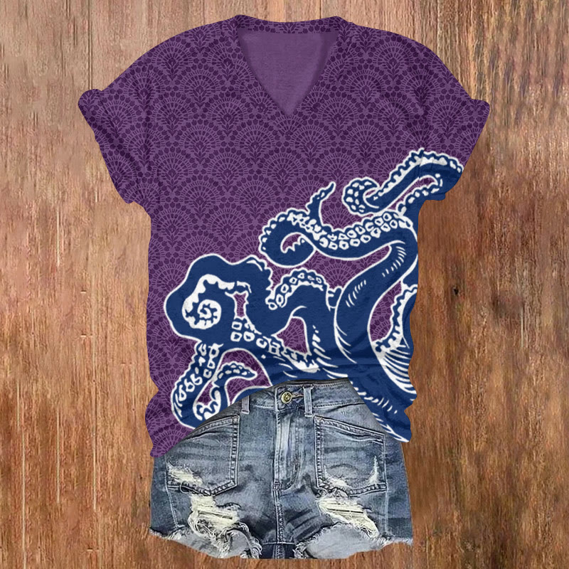 Unisex Ocean Fantasy Octopus Tentacles Pattern Print Short Sleeved V-neck T-shirt - Purple - US32-34(5XL) - image 3