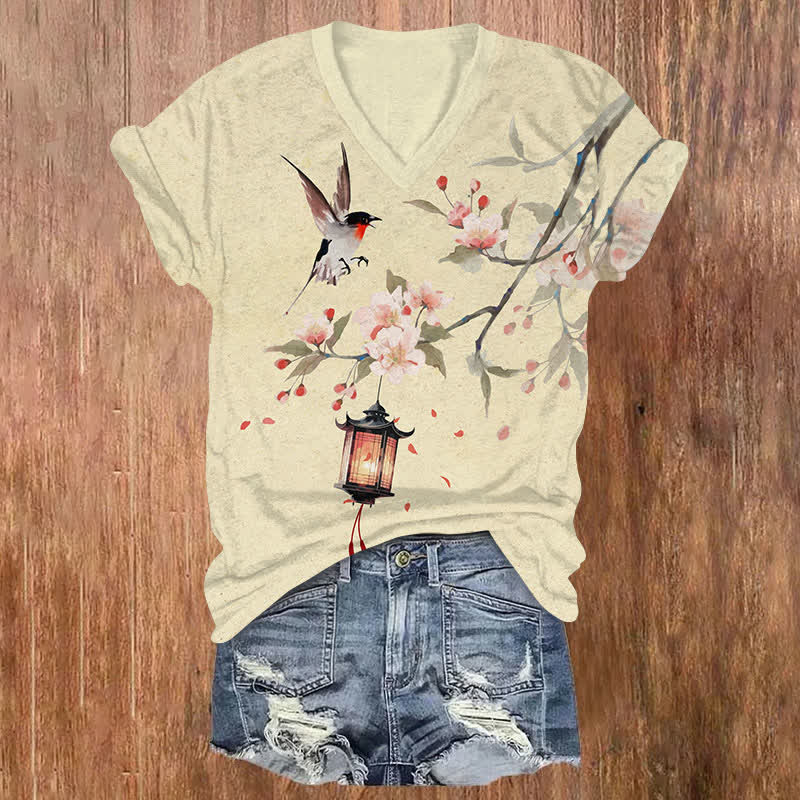 Japanese Watercolor Sakura Lantern & Flying Bird Print V-neck T-shirt - Apricot - US32-34(5XL) - image 3
