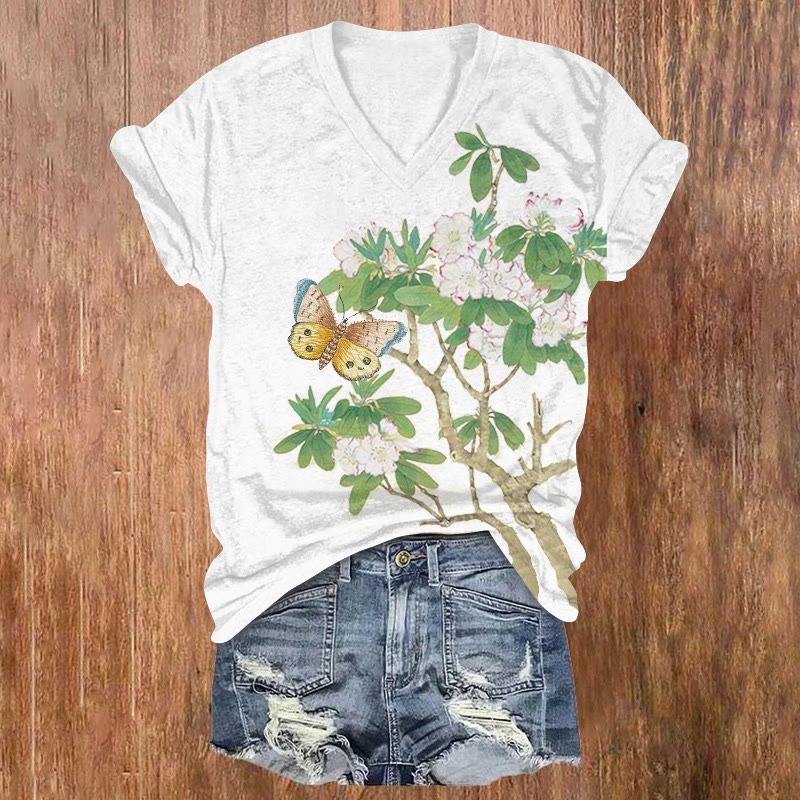 Vintage Floral & Butterfly Art Print V-neck T-shirt - White - US32-34(5XL) - image 4