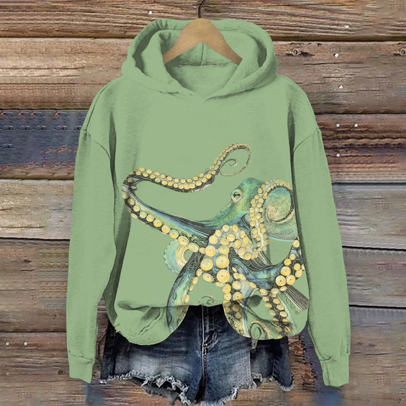 Creative Funny Octopus Art Print Long Sleeve Hoodie - Green - US44-46(8XL) - image 3