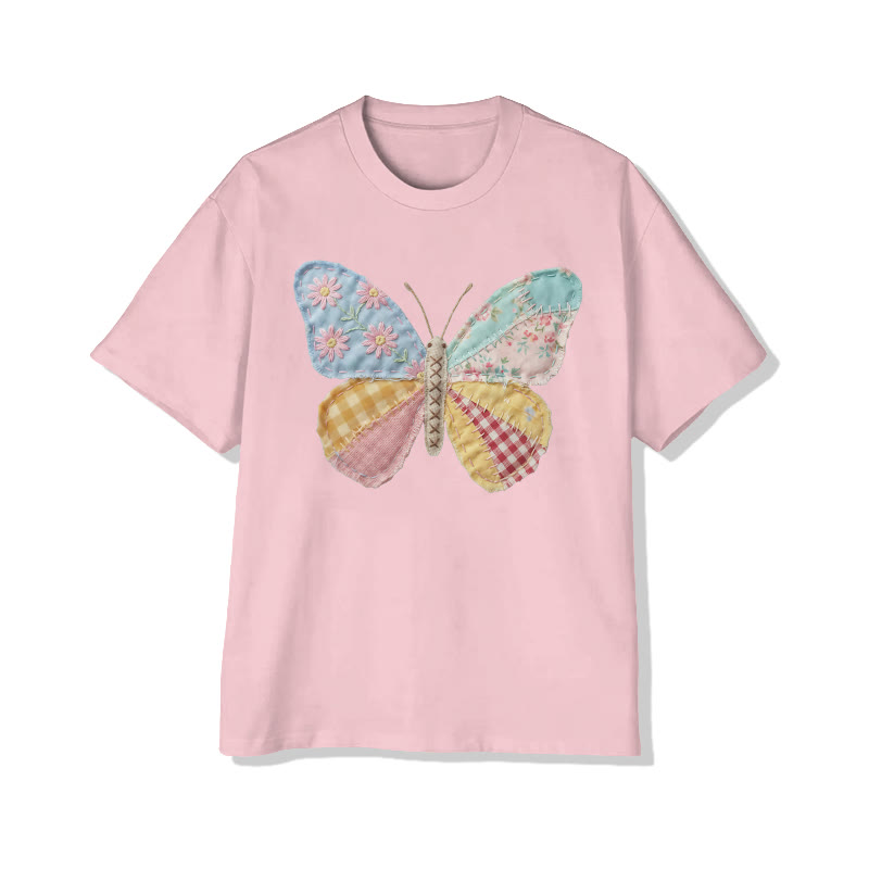  Pastoral Butterfly Floral Pattern Print Pattern Cotton Print T-shirt - Pink - US16-18(2XL) - image 6