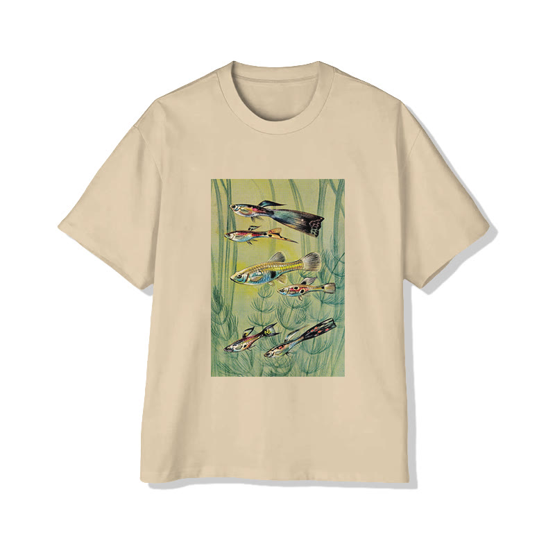 Unisex Retro Illustration Fish Print Short Sleeved Crew Neck T-shirt - Apricot - 2XL - image 4