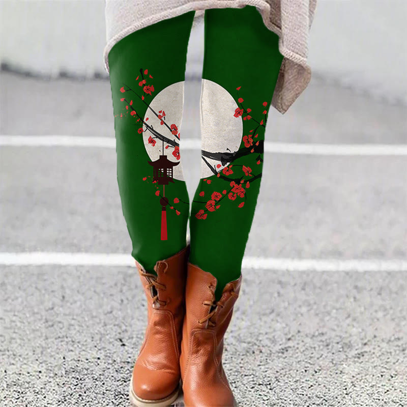 Japanese Sun & Lantern On Plum Blossom Art Print Leggings - Green - 5XL - image 6