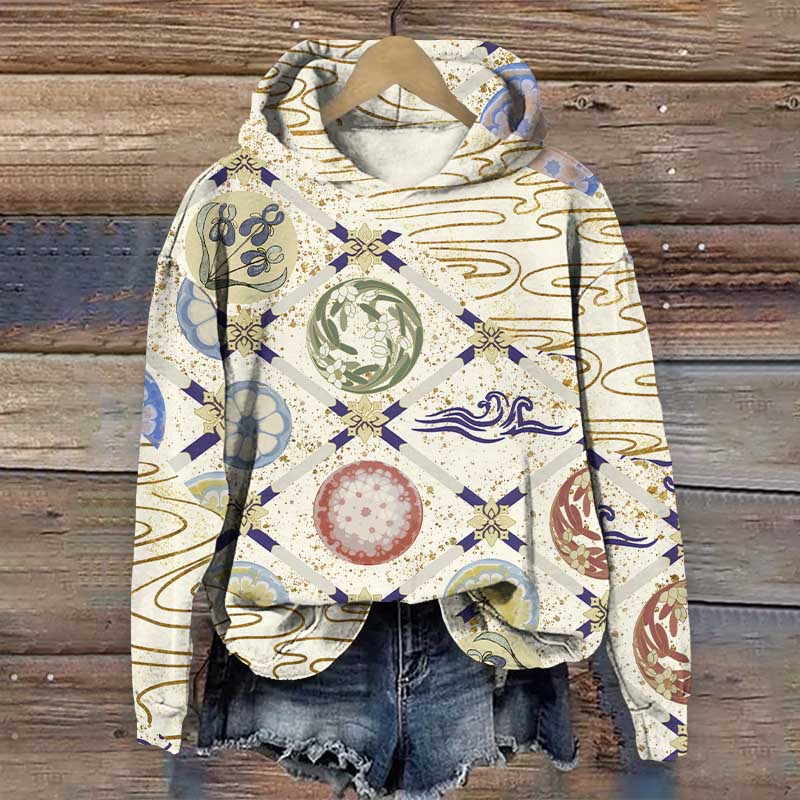 Traditional Geometric Floral Art Print Long Sleeve Hoodie - Beige - US44-46(8XL) - image 4