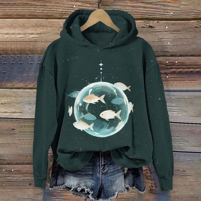 Funny Fish Swimming Around The Transparent Sphere Print Long Sleeve Hoodie - Green - US44-46(8XL) - image 3