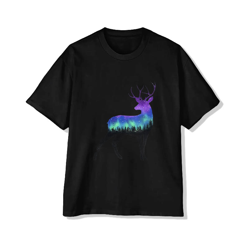 Unisex Fantasy Forest Reindeer Pattern Print Short Sleeved Crew Neck T-shirt - Black - 2XL - image 3