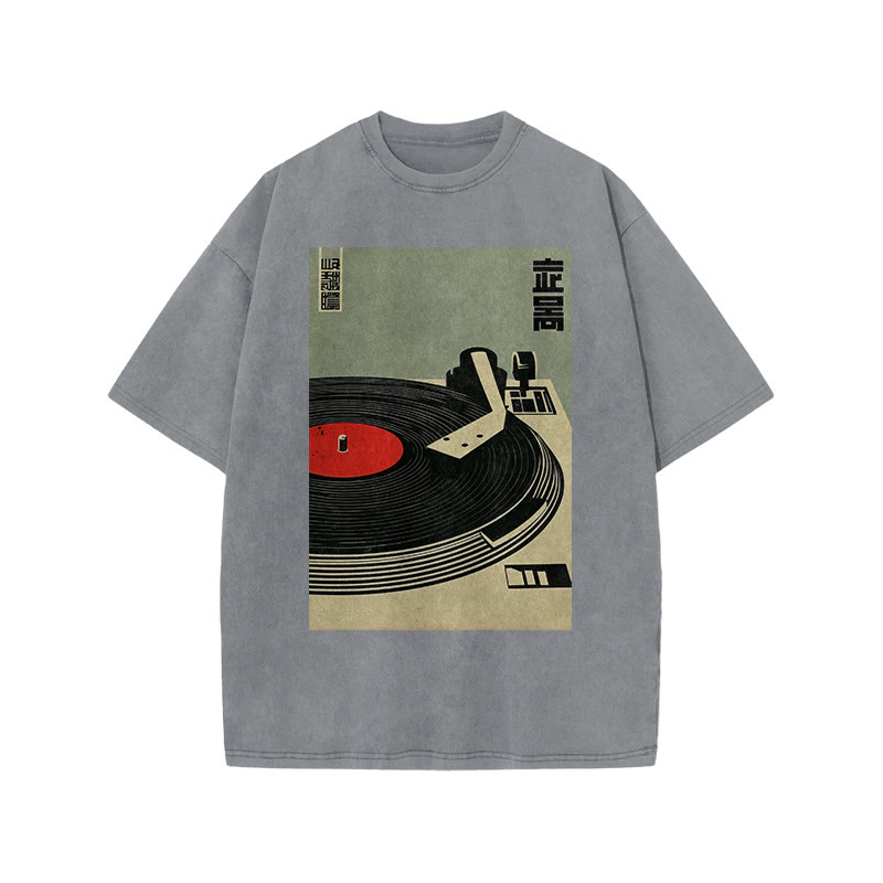 Japanese Broadcasting Turntable Art Print Acid Washed T-shirt - Grey - US20-22(3XL) - image 4